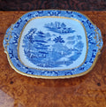 Davenport Longport England Blue & White Gilt Two Temples Porcelain Handle Platter c.1870-1886