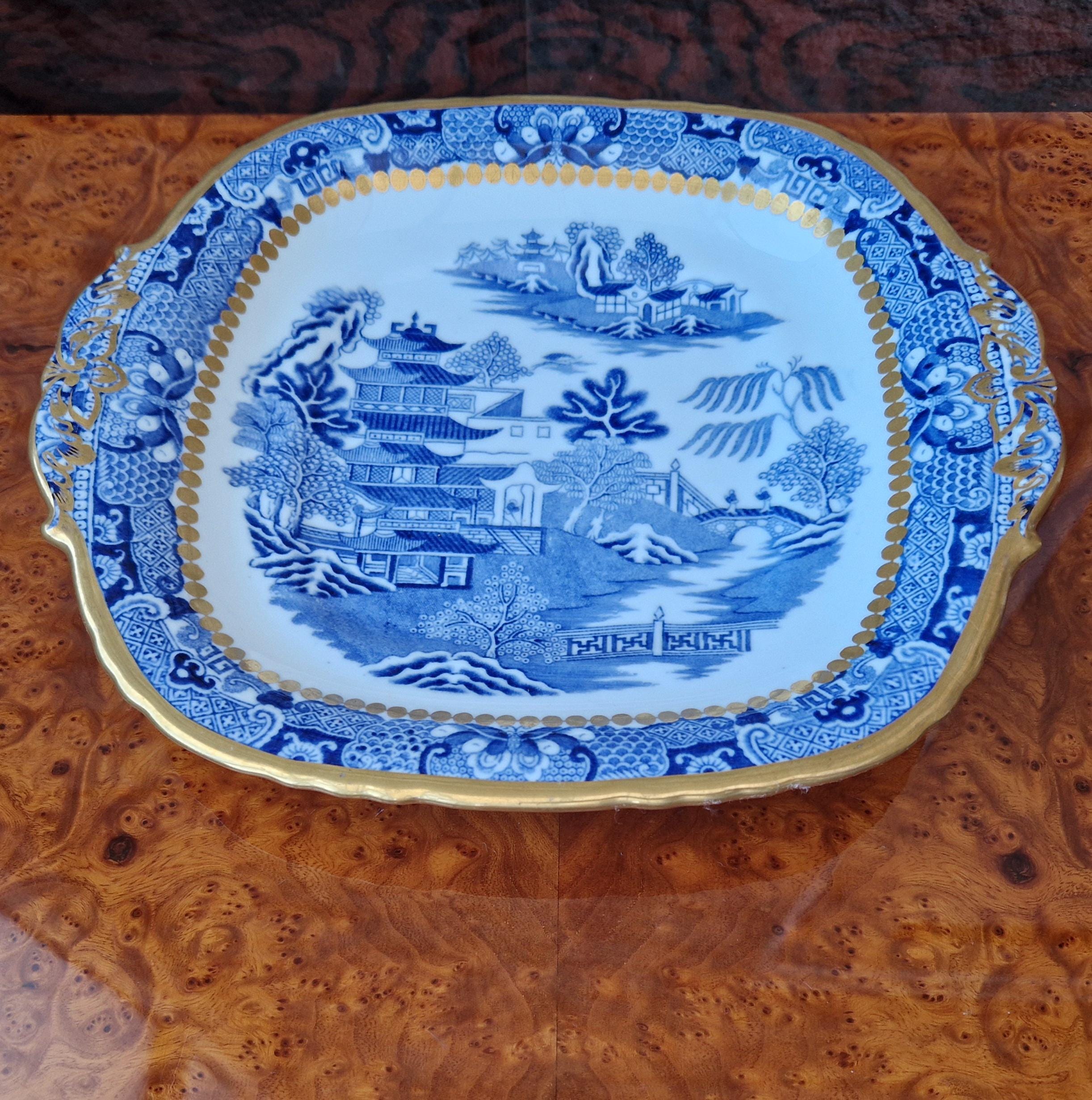 Davenport Longport England Blue & White Gilt Two Temples Porcelain Handle Platter c.1870-1886