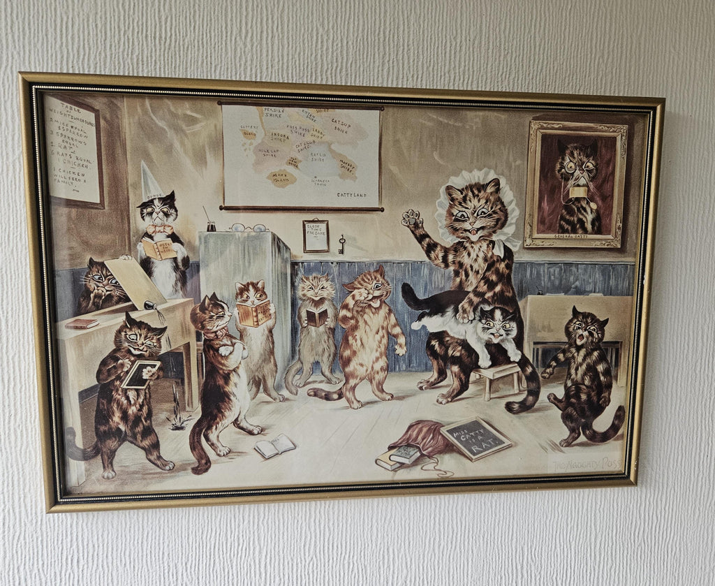 Original Vintage 1980s Lithograph Louis Wain "The Naughty Puss" Framed Picture 17" X 11.5"