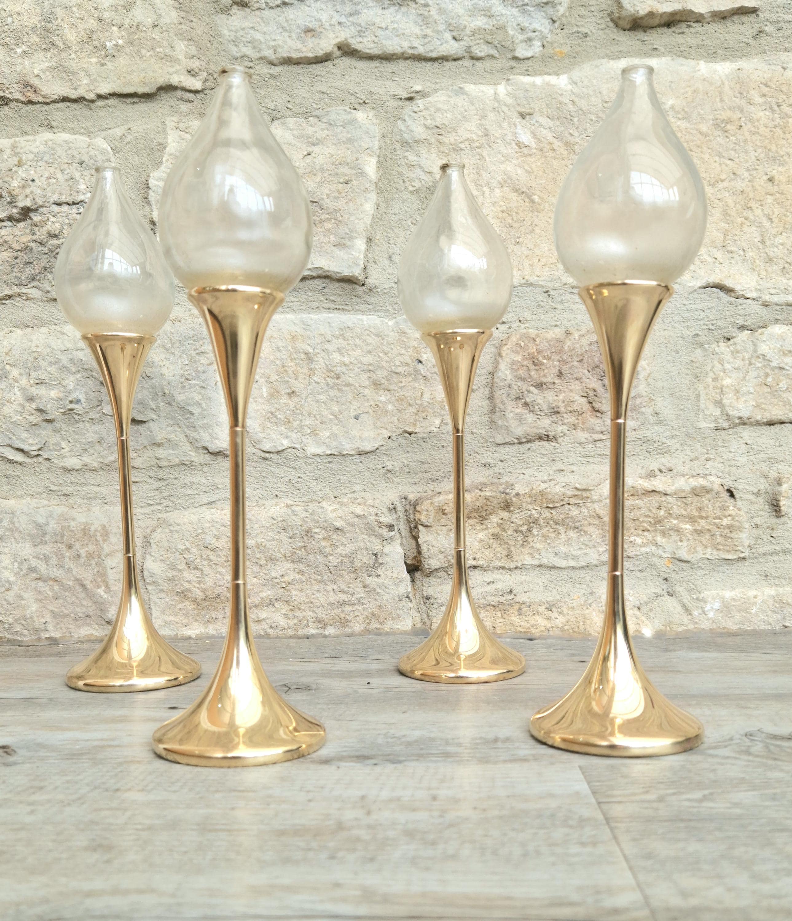 Vintage 4 x Large Brass Freddie Andersen Clear Drop Oil Lamps Germany 1970