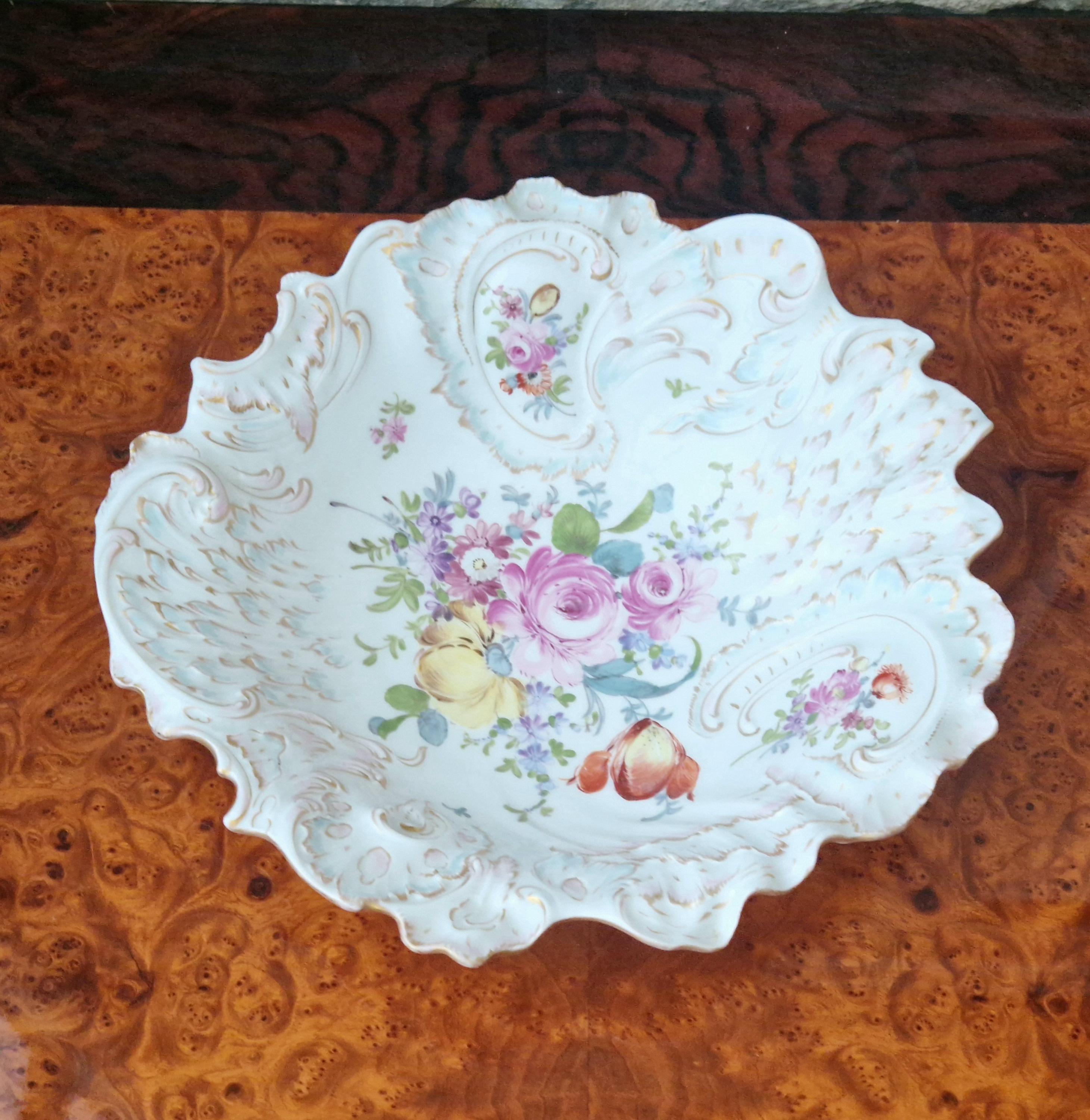 Antique Large 19th C. Dresden Ruffled Edge Rococo Style Floral Gilded Centrepiece Serving Bowl