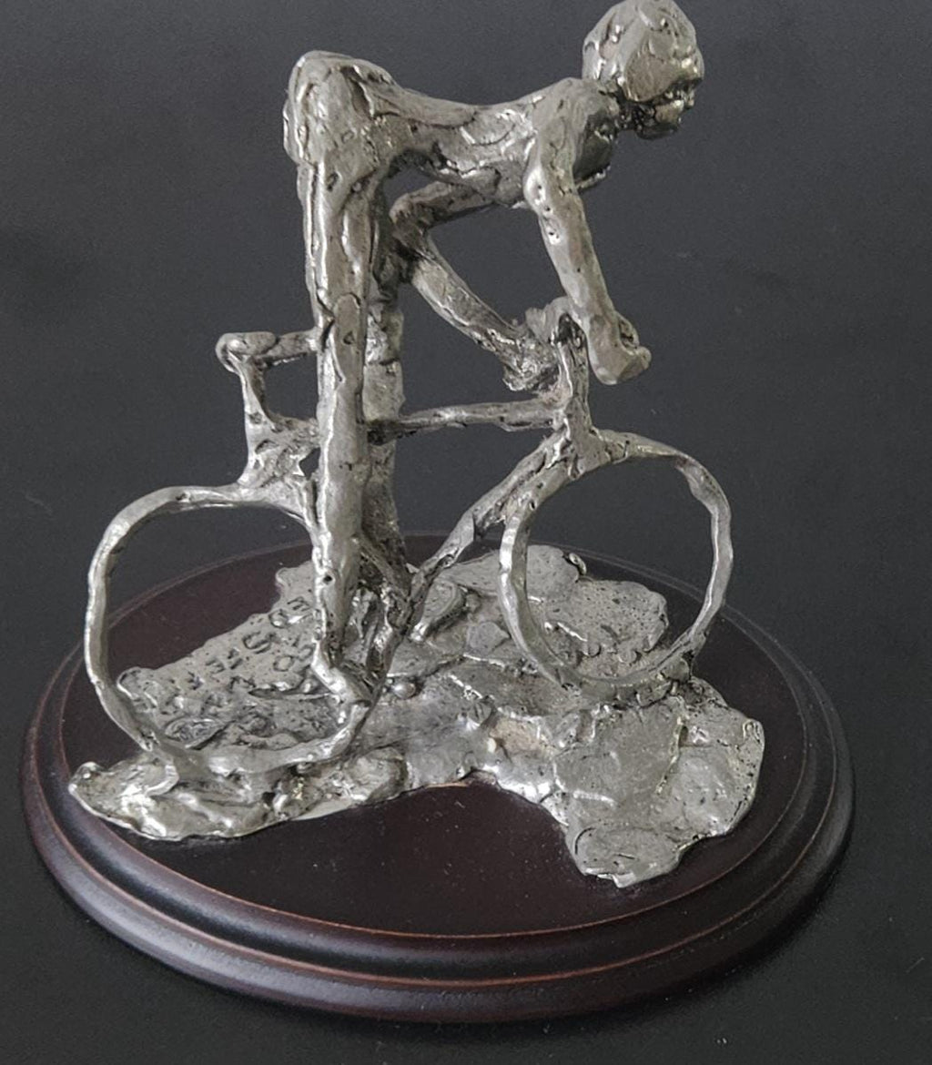 Vintage Pewter Biker Cyclist Sculpture Figure On Plinth Signed Handcrafted 1990s