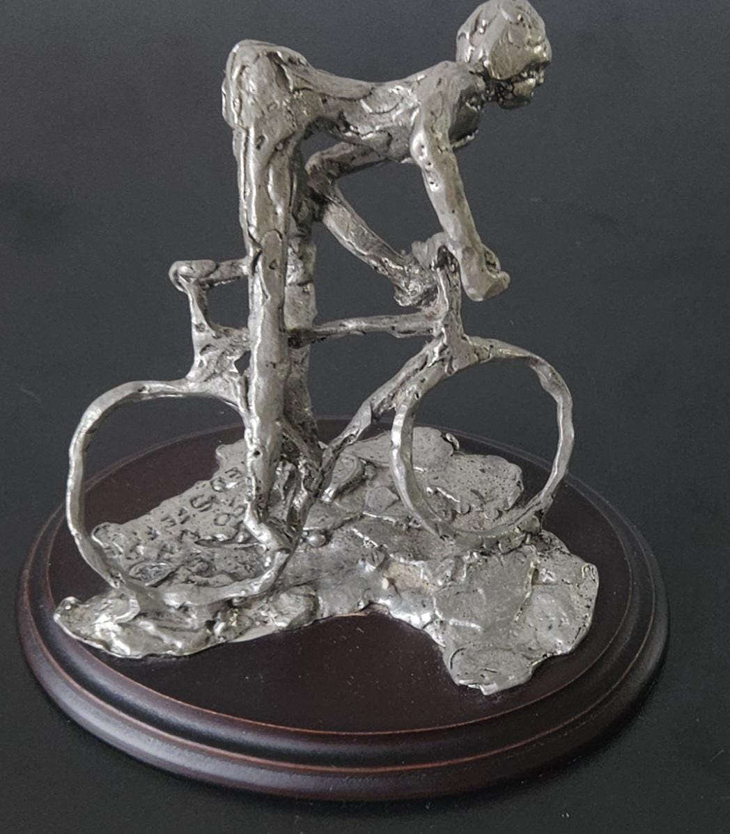 Vintage Pewter Biker Cyclist Sculpture Figure On Plinth Signed Handcrafted 1990s