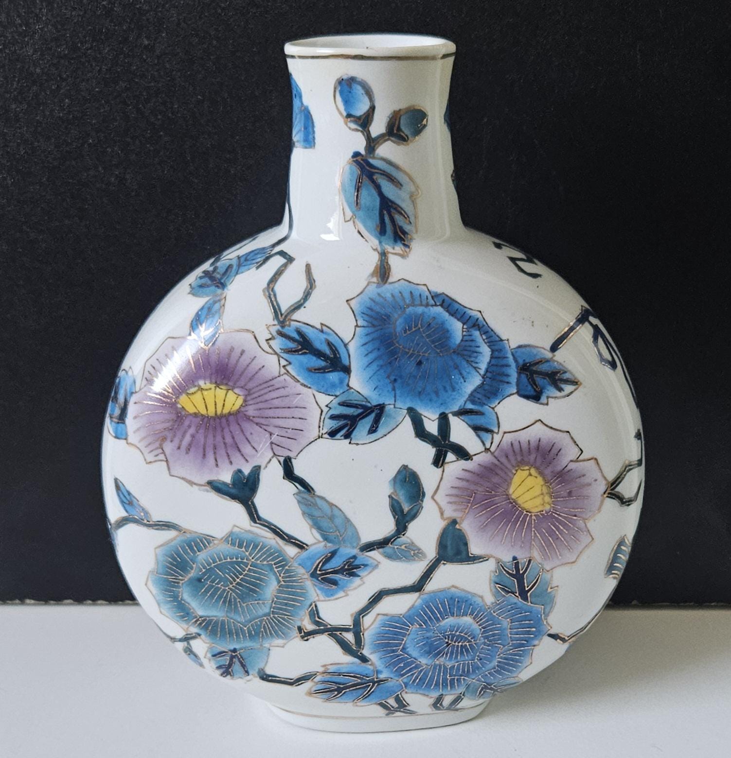 Vintage Asian Moon Flask Vase Blue lilac Blossom Gold Accents 20cm Tall