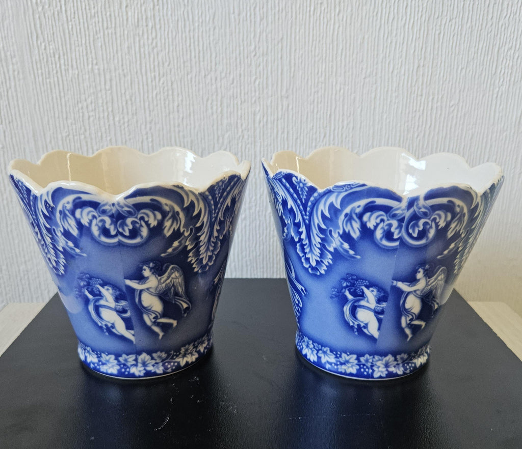 Vintage Staffordshire Pottery Planters: Blue & White Neoclassical Scalloped Edge