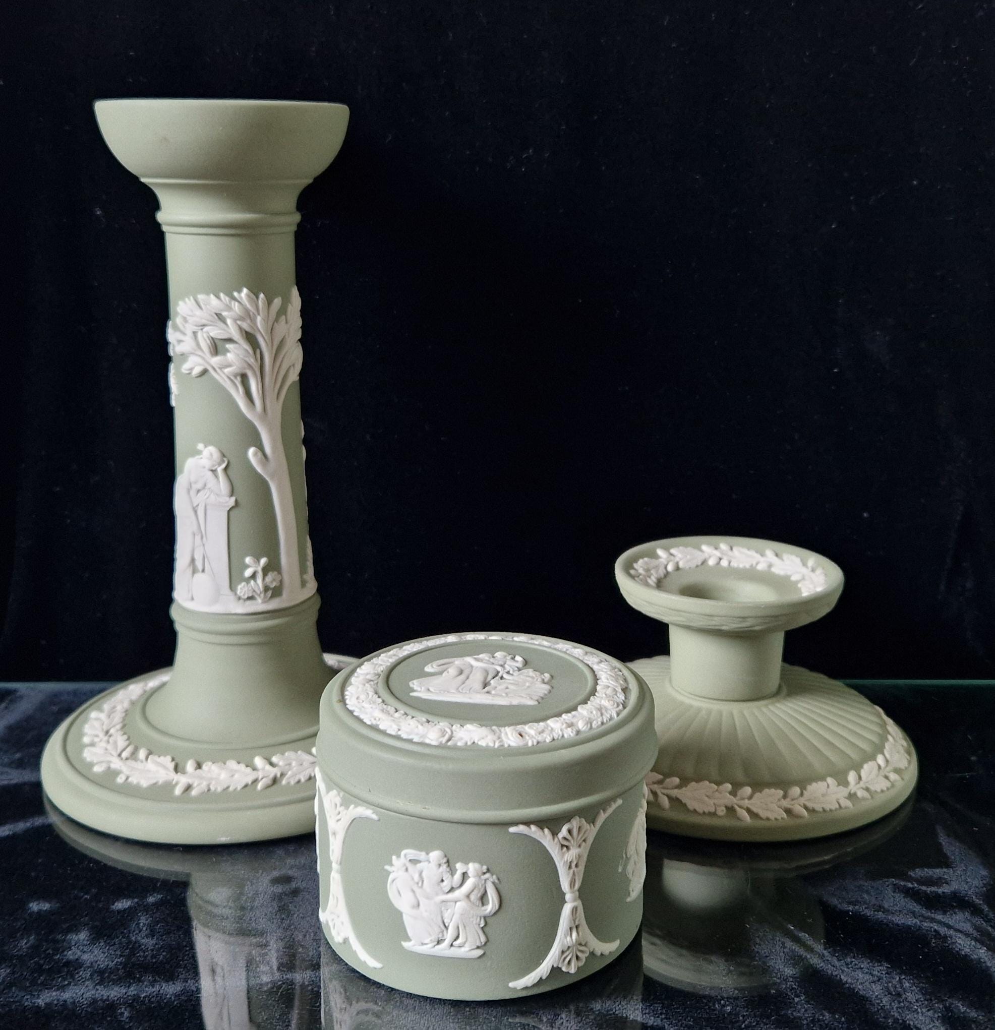 Vintage Wedgwood Sage Green Jasperware Neo Classical Candlestick Trinket Jar Set.