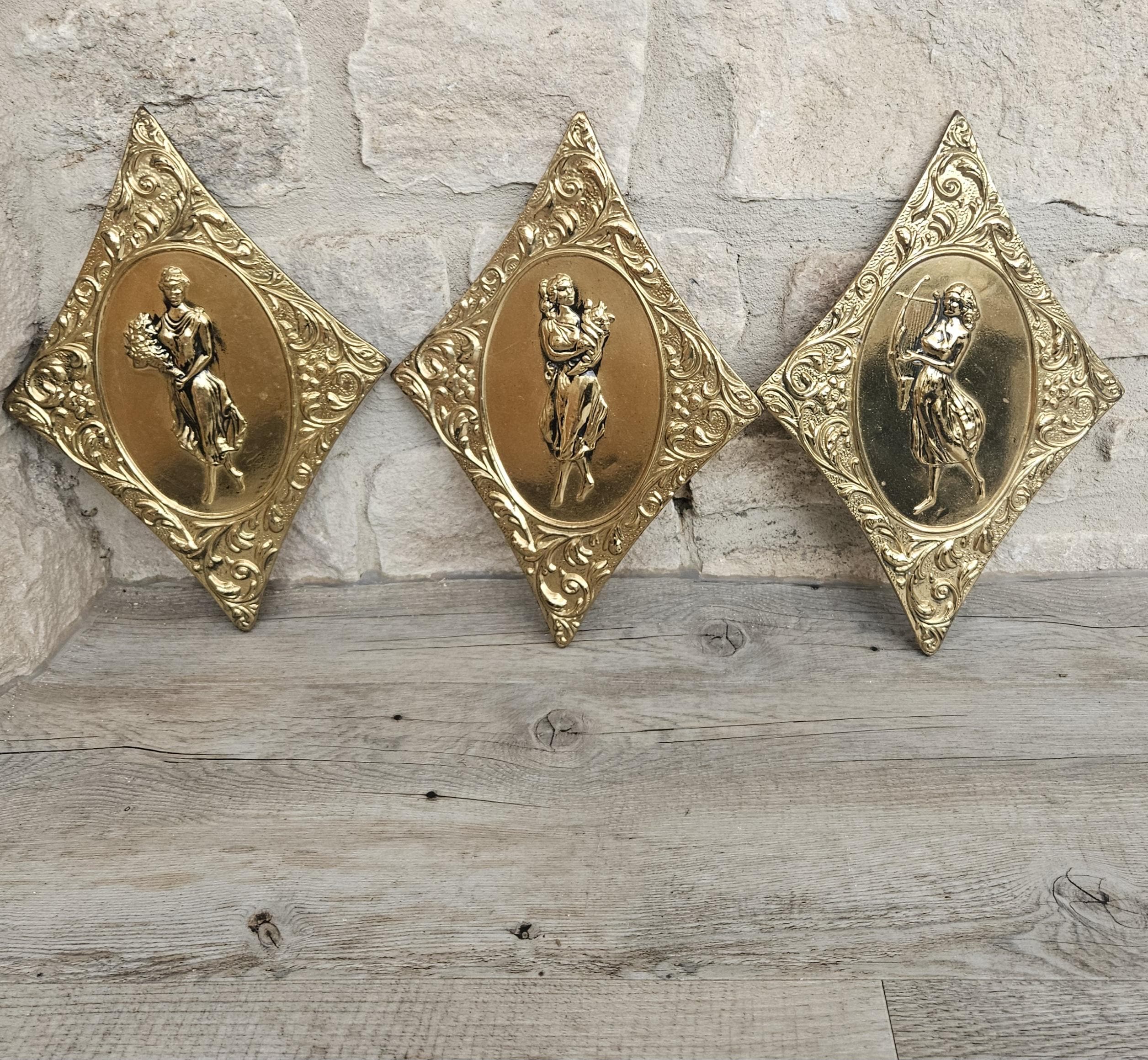 Vintage Set of 3 Brass Wall Decor, Diamond Shaped Repousse Women Brass Wall Plaques, Elpec Made in England Hollywood Regency