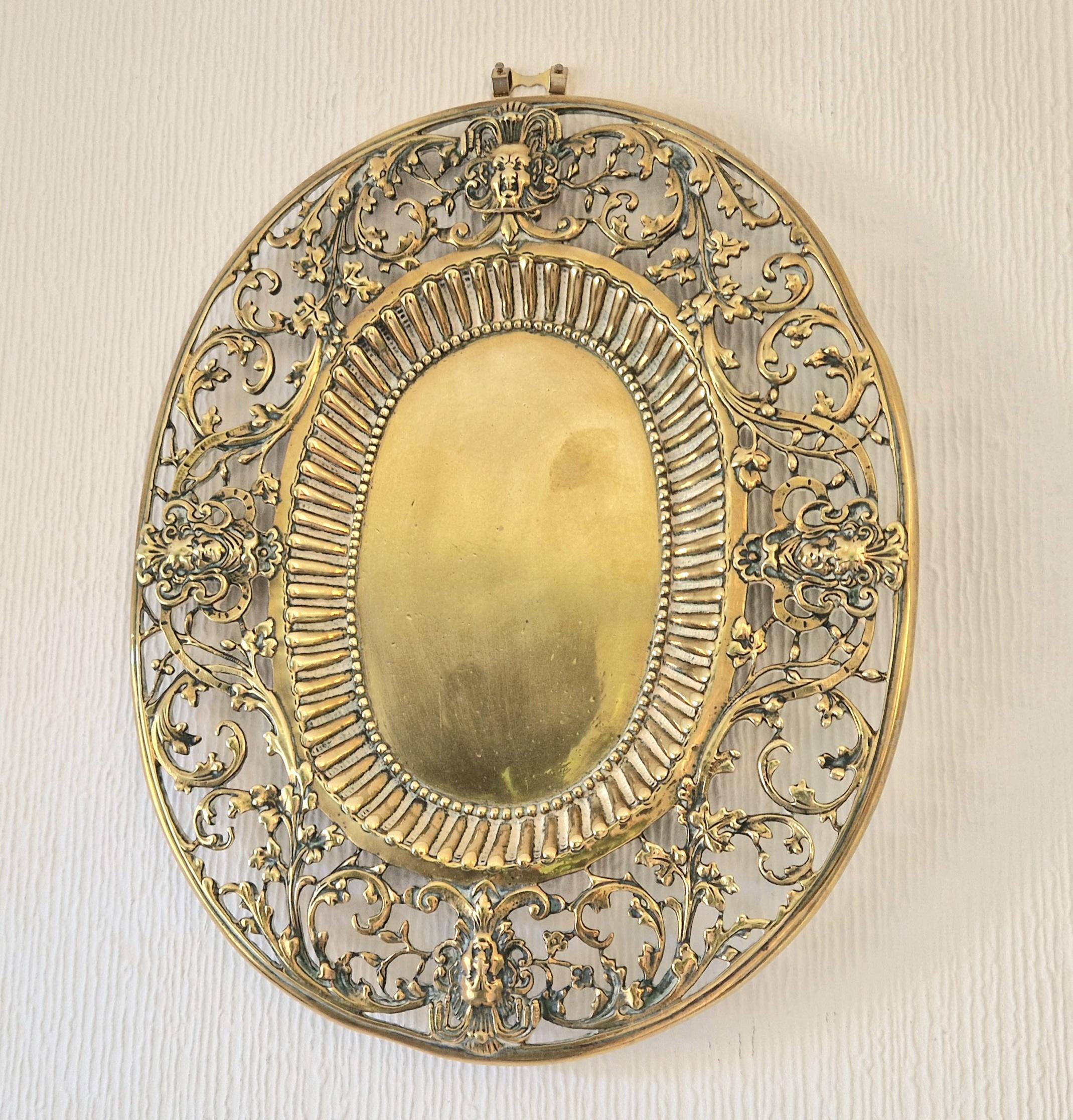Antique Ornate Heavy Cast Brass Pierced Work Beaded & Ribbed Oval Baroque Card Platter Plate