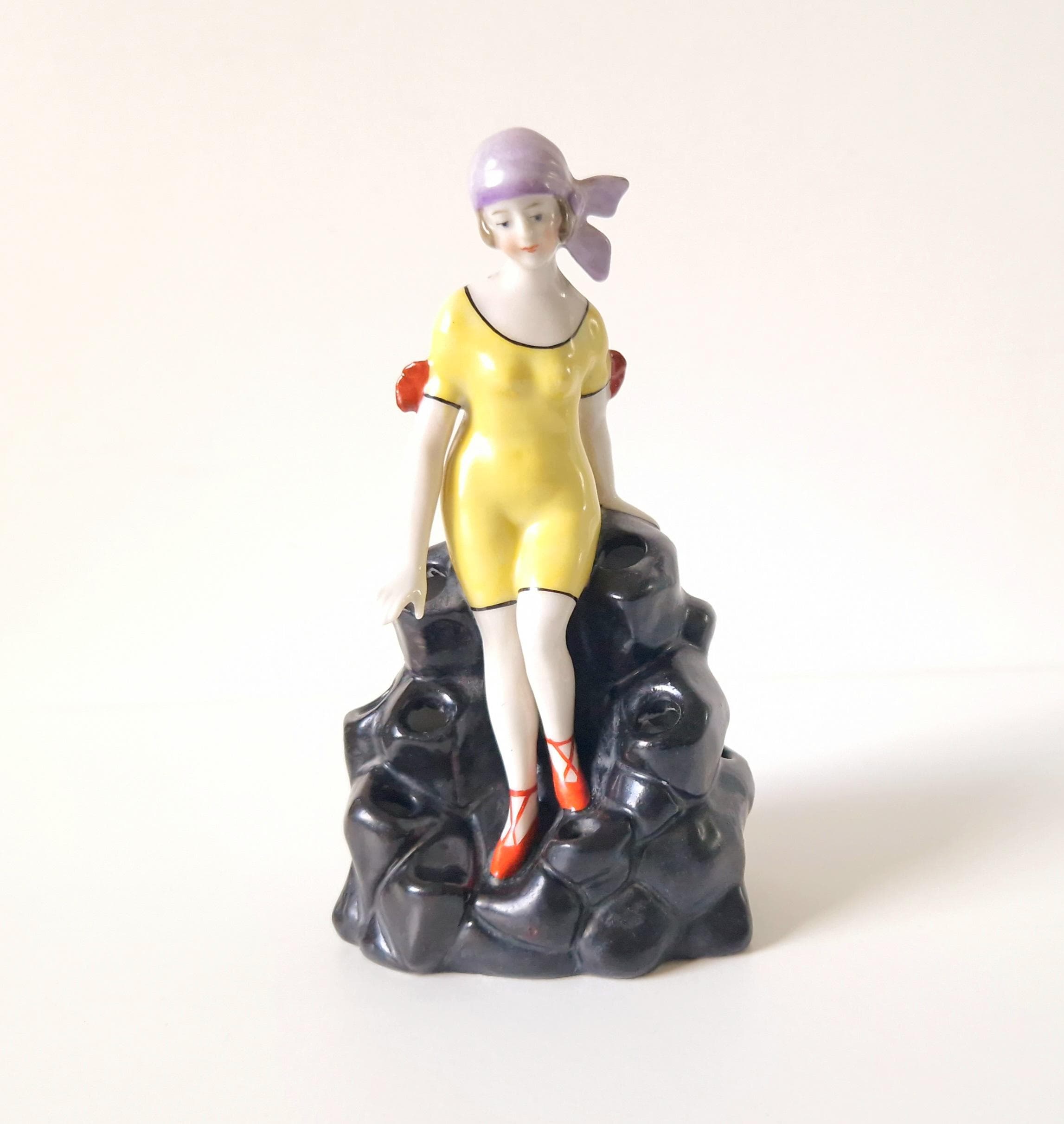 Art Deco Flapper Girl Ceramic Ornament: 1920s Bathing Beauty Hat Pin Holder