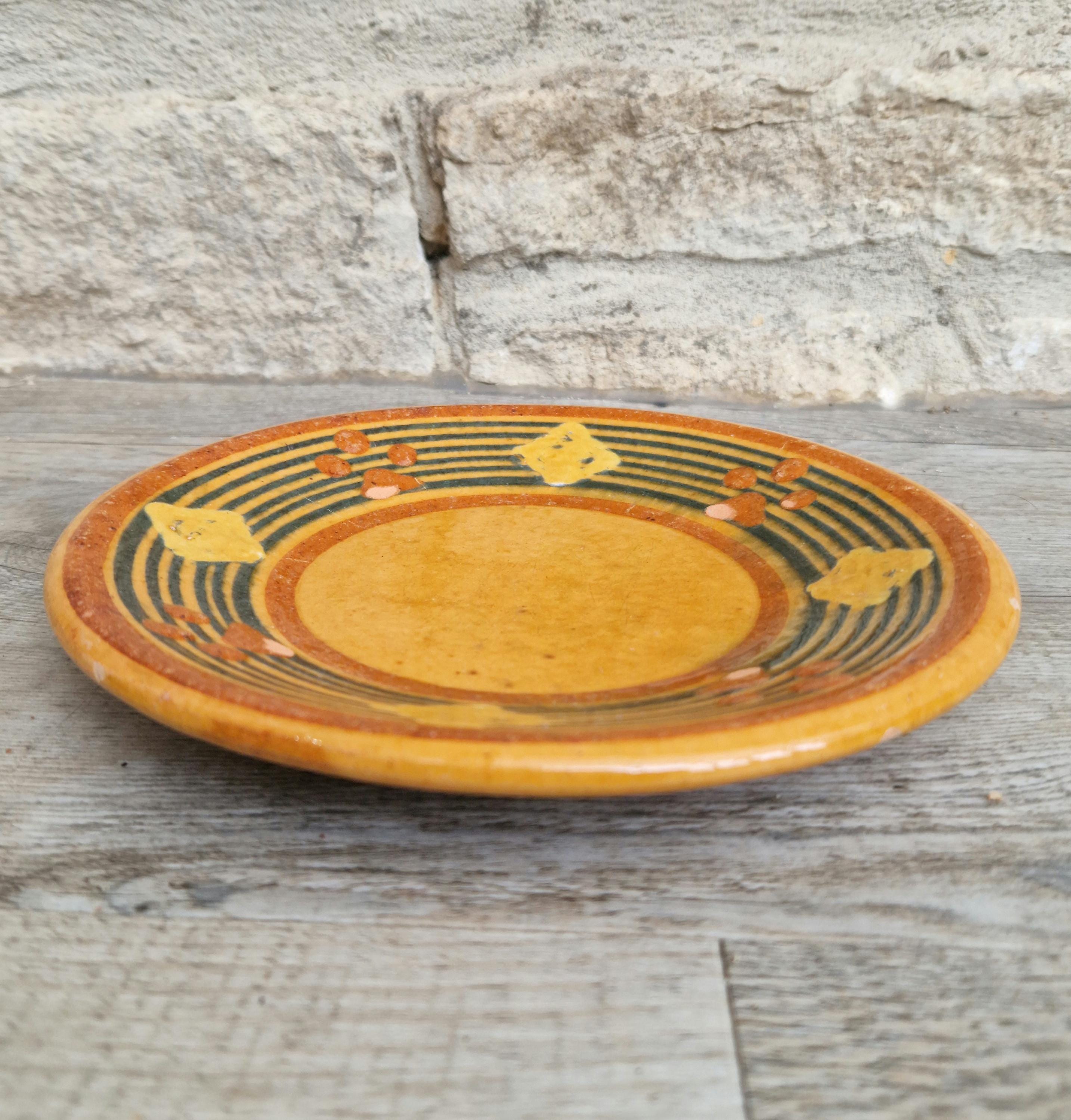 Vintage French Rustic BIOT Ceramic Concentric Circles Motif Yellow Glaze Dessert Plate