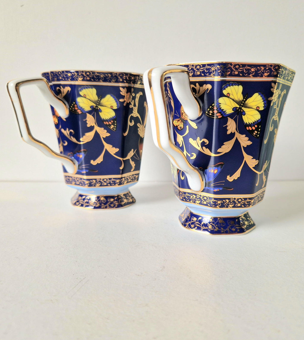 Vintage Butterfly Mugs Past Times Dark Blue & Gold, Set of 2