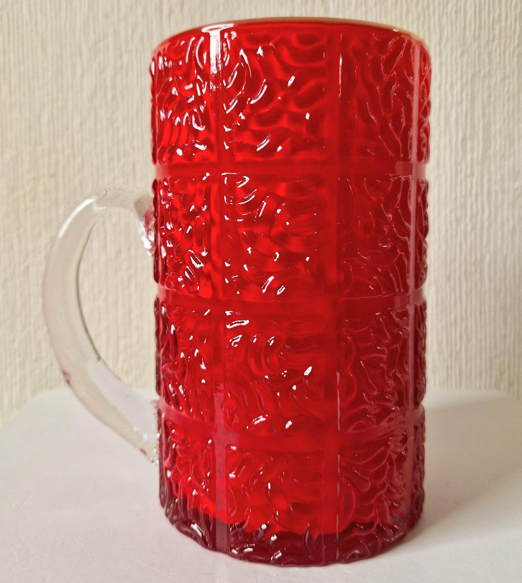 Large Bright Red Textured Cased Glass Tankard Rare Mid-Century Vintage Heavy Glass