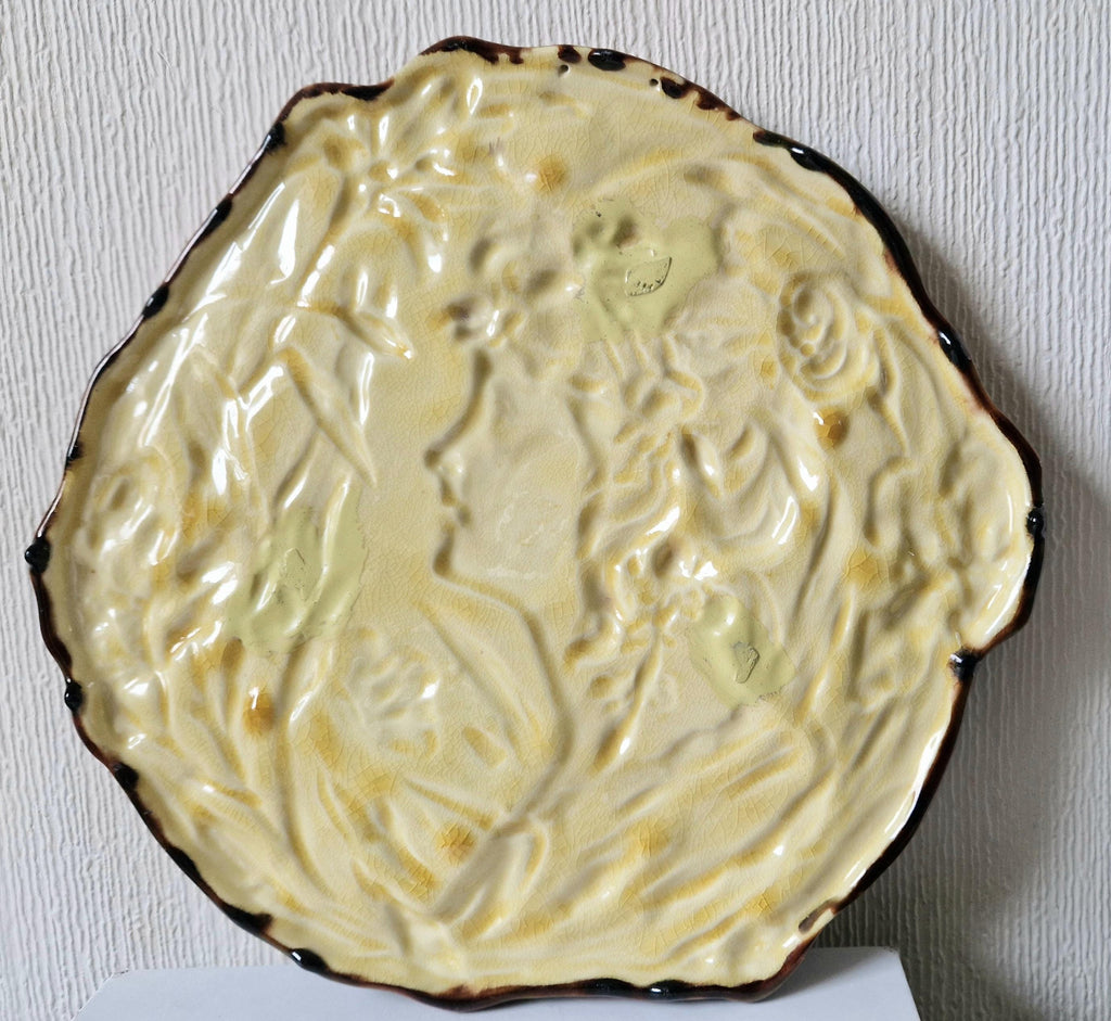 Antique Majolica Floral Blue Dress Lady Art Nouveau Handpainted Ceramic Wall Plaque Roundel