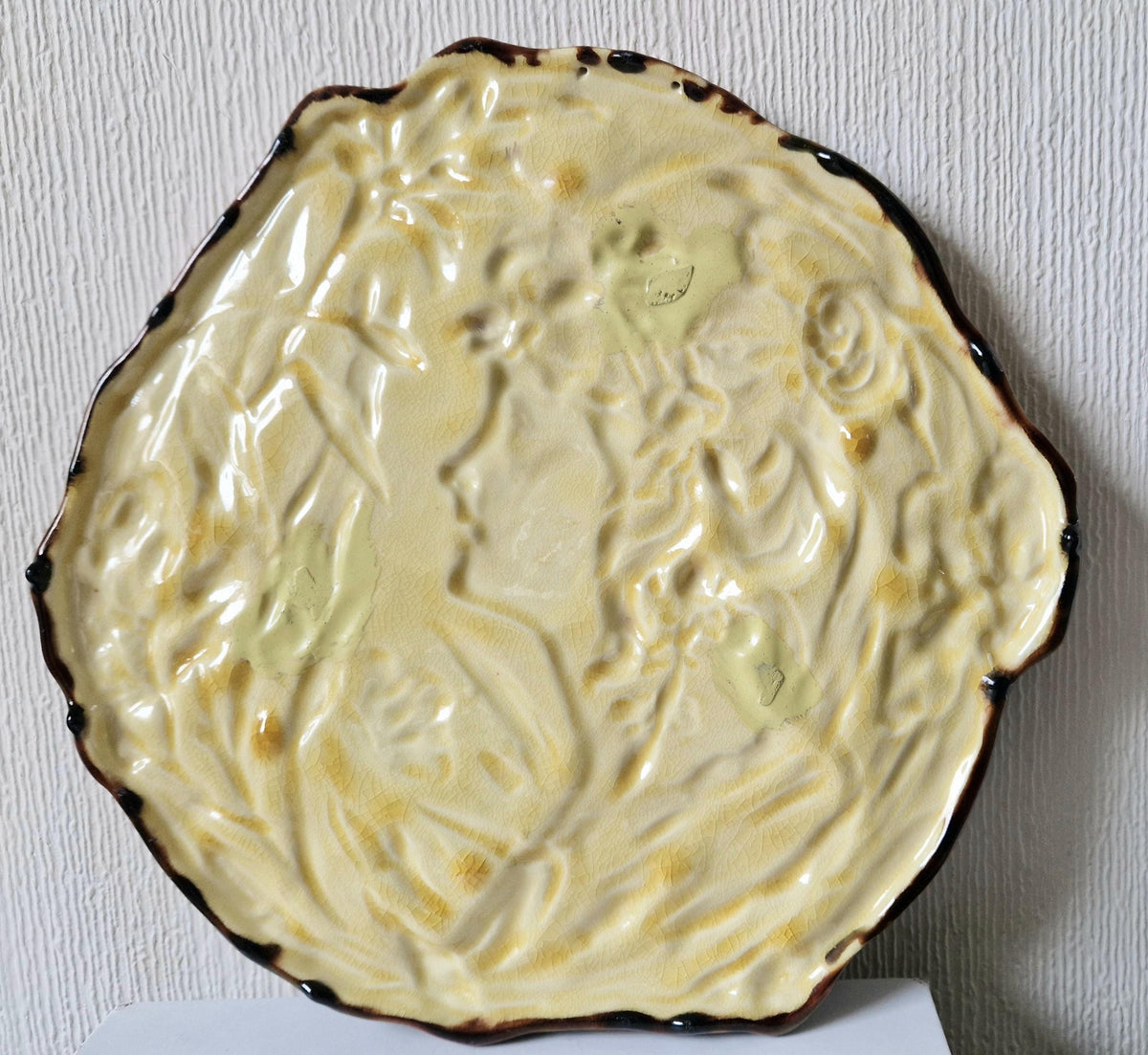 Antique Majolica Floral Blue Dress Lady Art Nouveau Handpainted Ceramic Wall Plaque Roundel