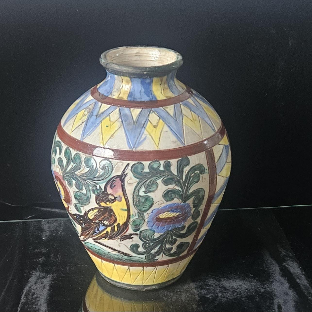 Vintage Italian Handpainted Vase Zulimo Aretini Italy Bird Fauna Design Mid-Century *some Damage 20cm Tall