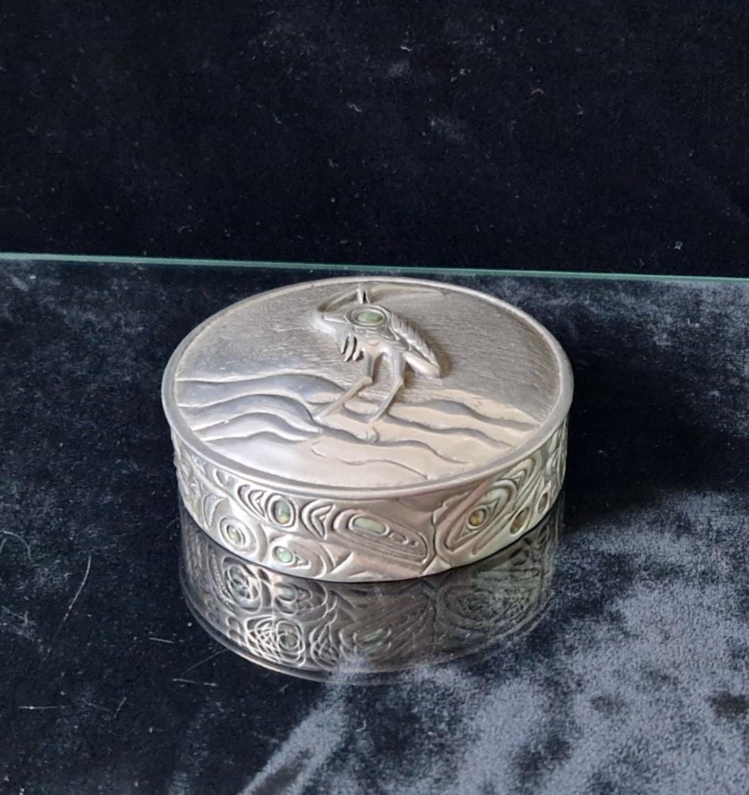 Vintage Mid Century Pewter & Glass Bead Heron Relief Trinket Box