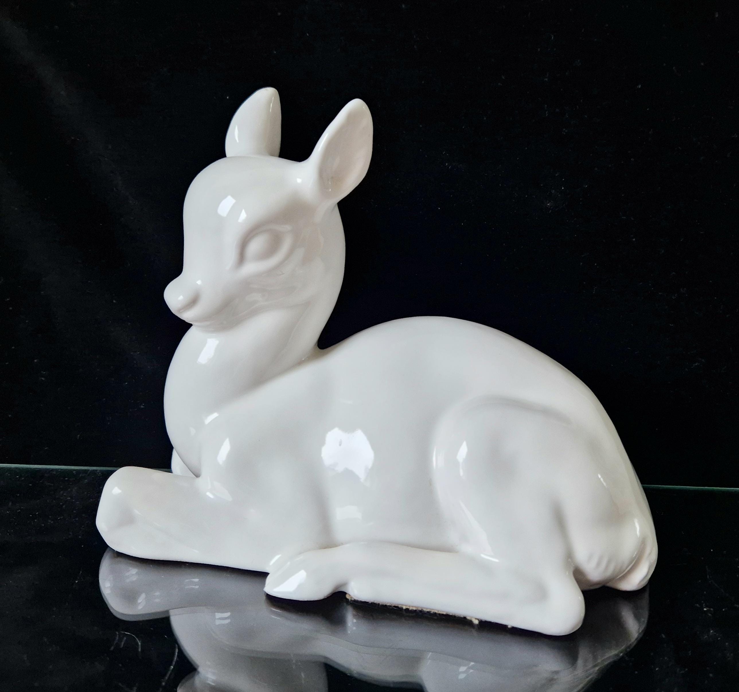Vintage Cantagalli White Italian Ceramic Faience Recumbant Fawn Deer Figure Ornament 20cm.
