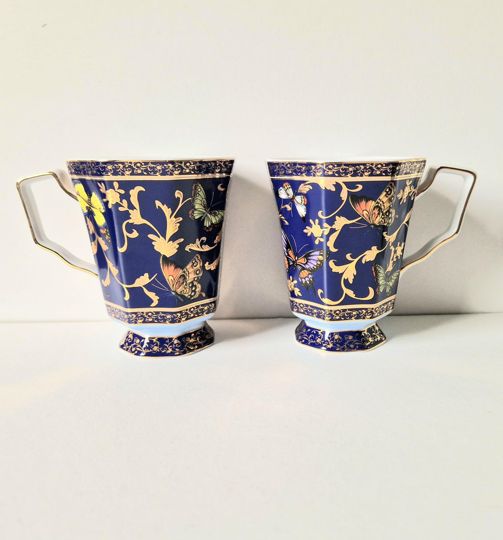 Vintage Butterfly Mugs Past Times Dark Blue & Gold, Set of 2
