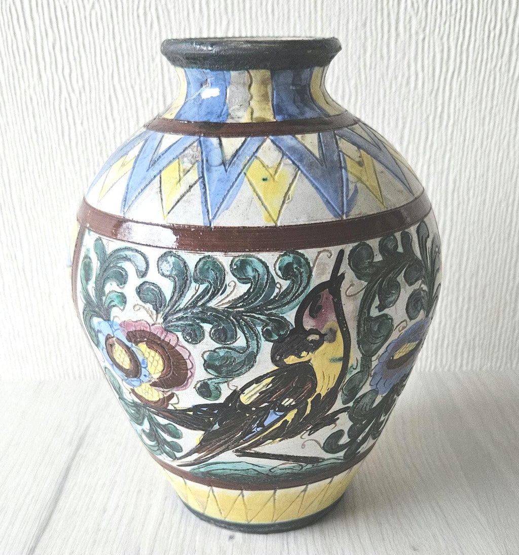 Vintage Italian Handpainted Vase Zulimo Aretini Italy Bird Fauna Design Mid-Century *some Damage 20cm Tall