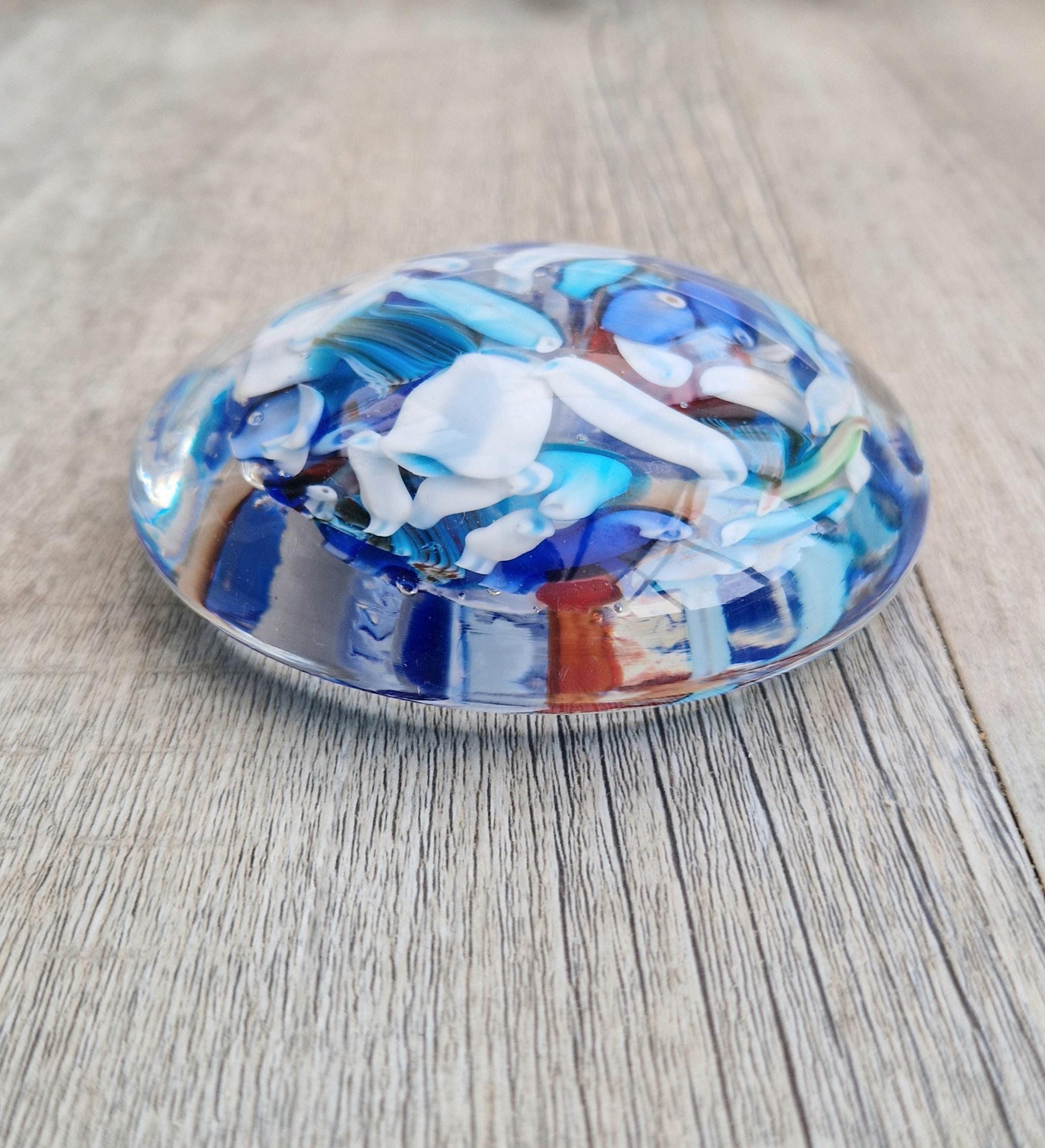 Large Murano Art Glass Stretched Blue Cane Disc Paperweight