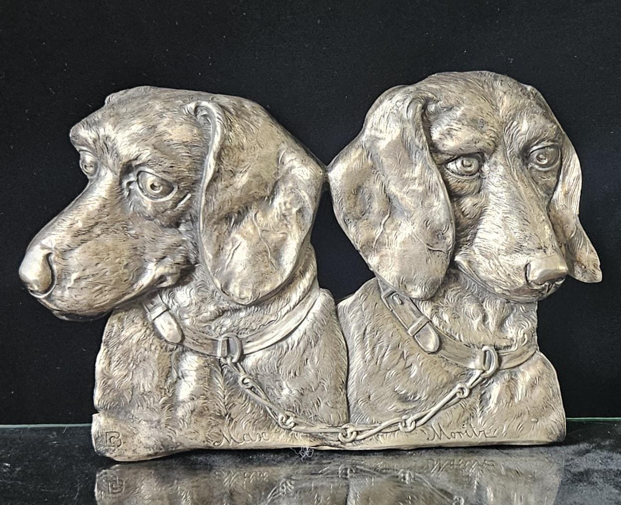 Art Nouveau Metal Relief Wall Plaque Two Dachshund Dogs 24cm X 17cm