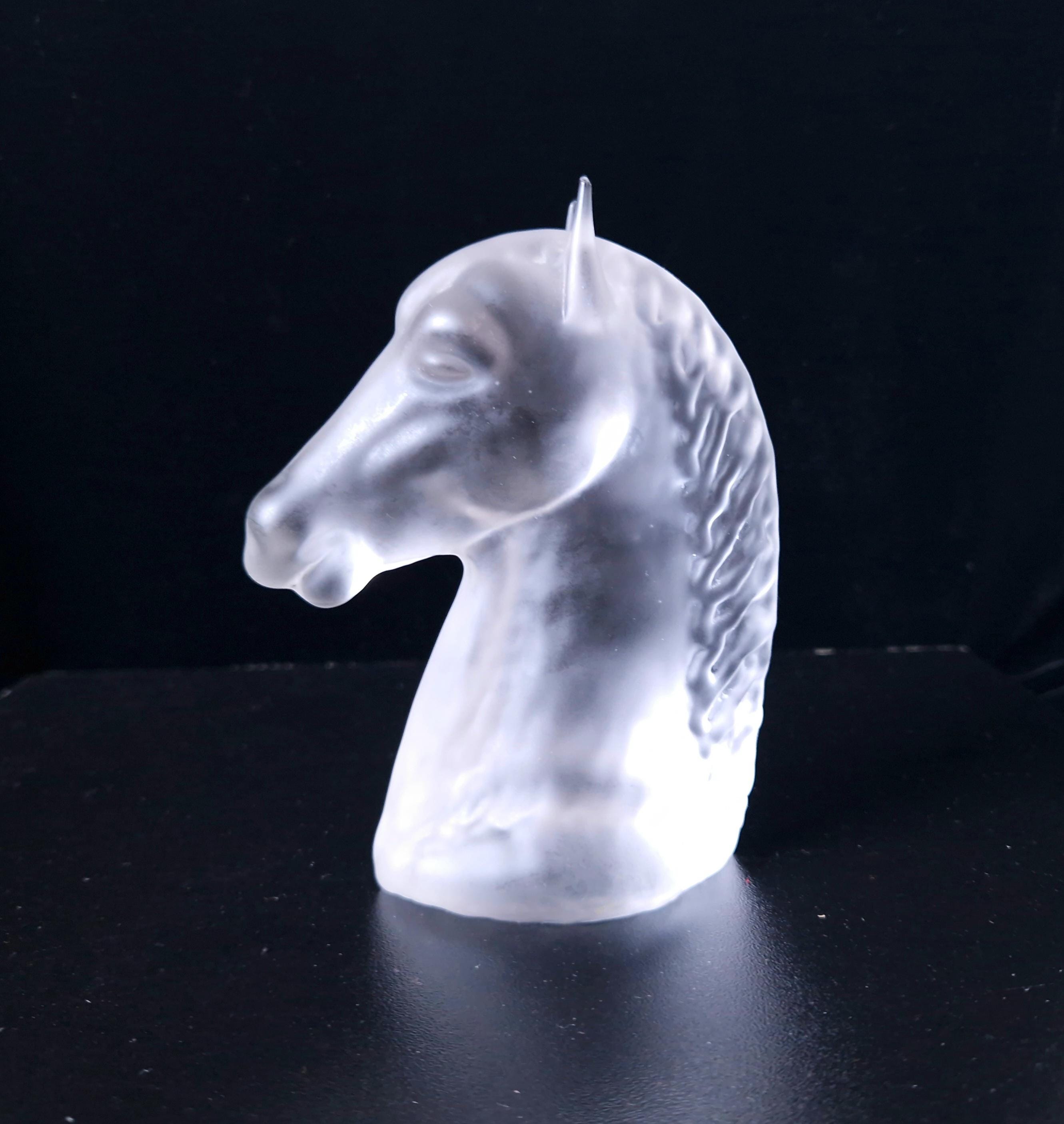 Vintage Frosted Glass Art Deco Style Horse Head Figure Paperweight 13cm