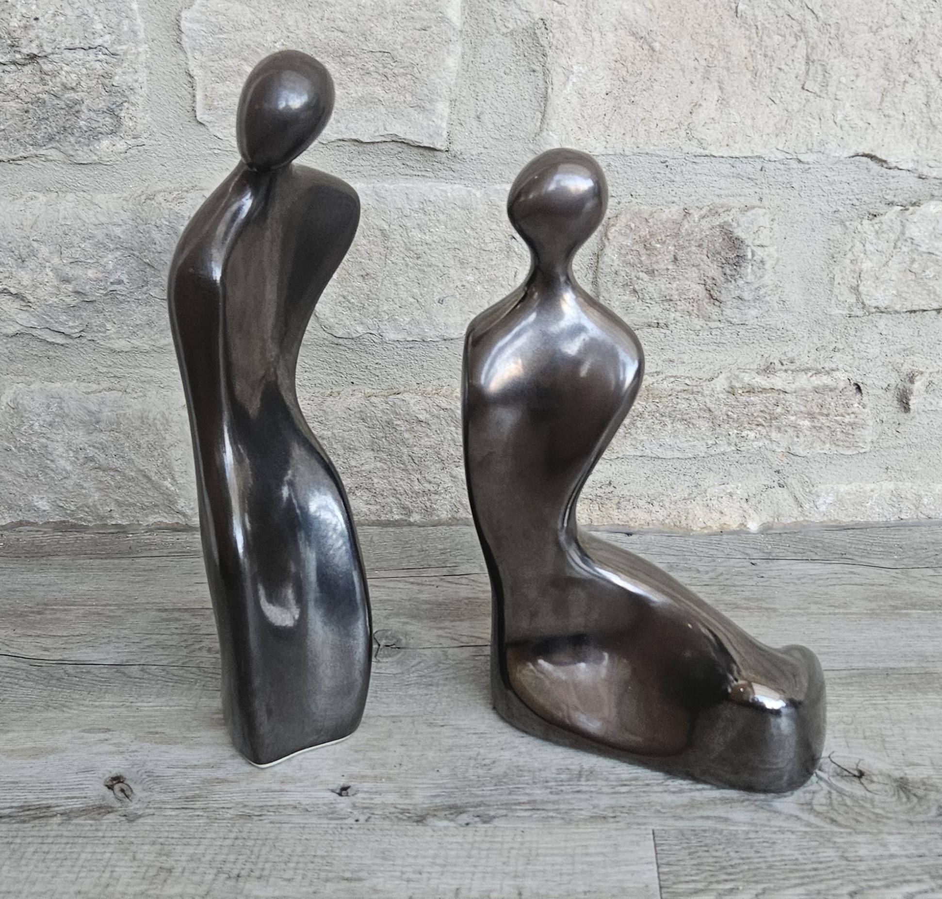 Vintage Tall Large Abstract Couple Figures Ceramic Metallic Finish 32 and 28cm Tall