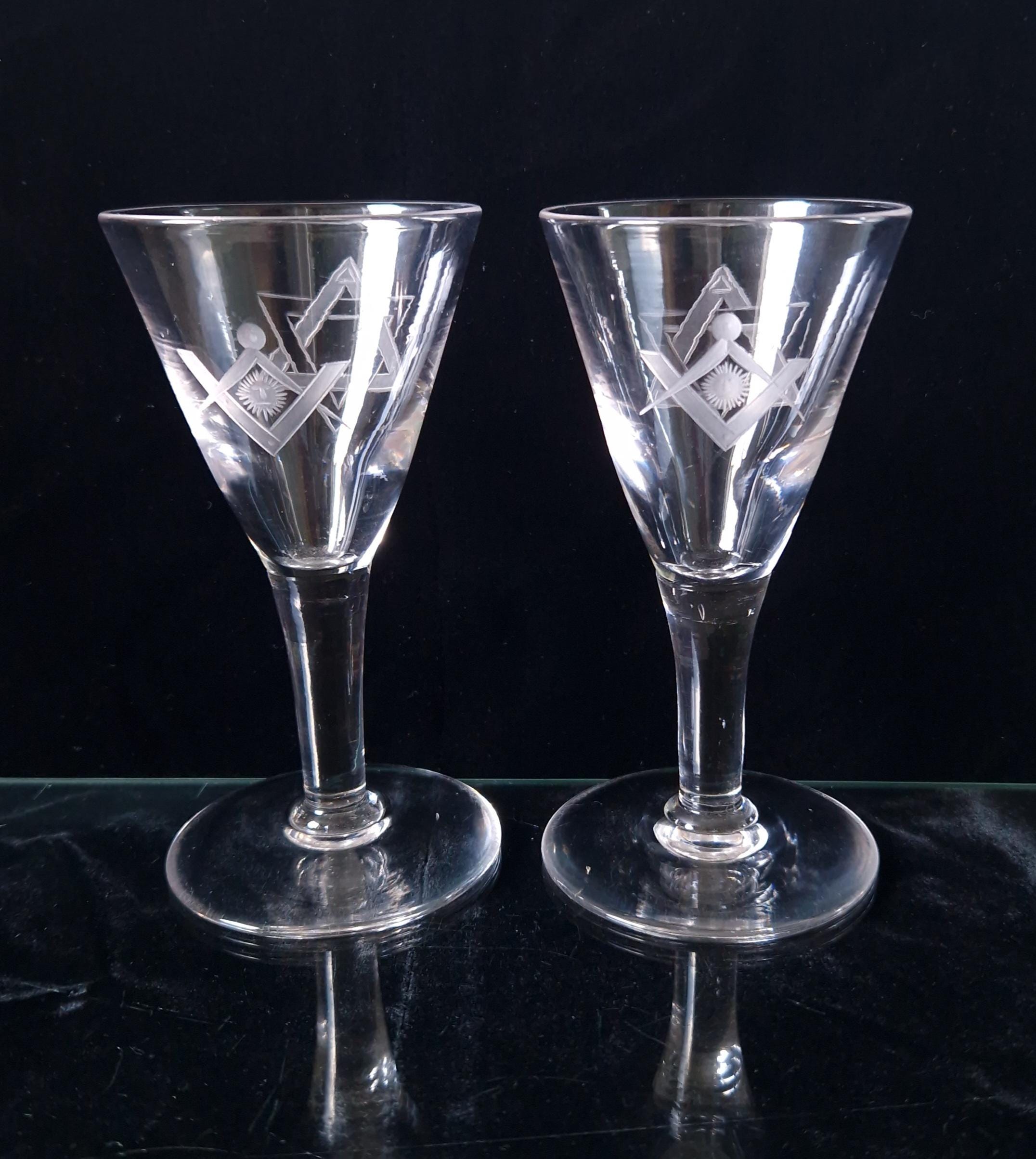 Antique Masonic Port Wine Glasses: 19th Century Engraved Crystal Pair