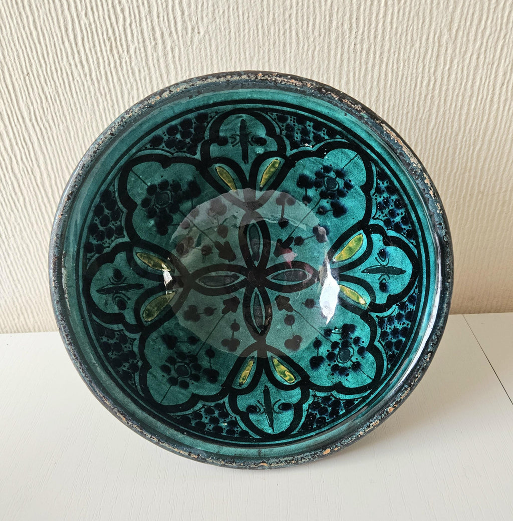 Vintage SAFI, Morocco: Earthenware Footed Bowl turquoise Patterned Signed