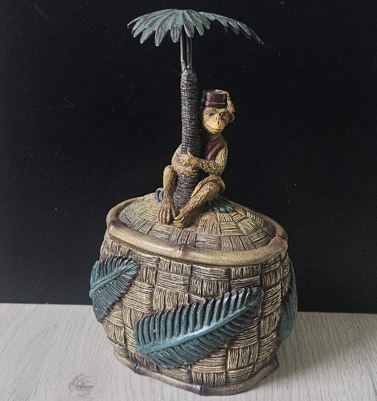 Vintage Novelty Monkey in Fez on Palm Tree Resin Trinket Pot .1980s Heavy Resin Decorative Monkey Lidded Trinket Pot 20cm Tall 916 Grams