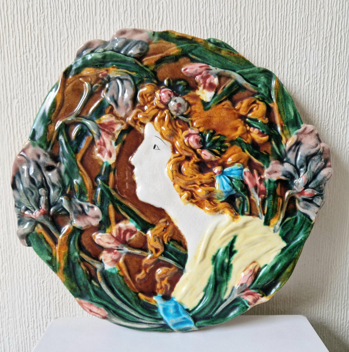 Antique Majolica Floral Yellow Dress Lady Handpainted Art Nouveau Ceramic Wall Plaque Roundel