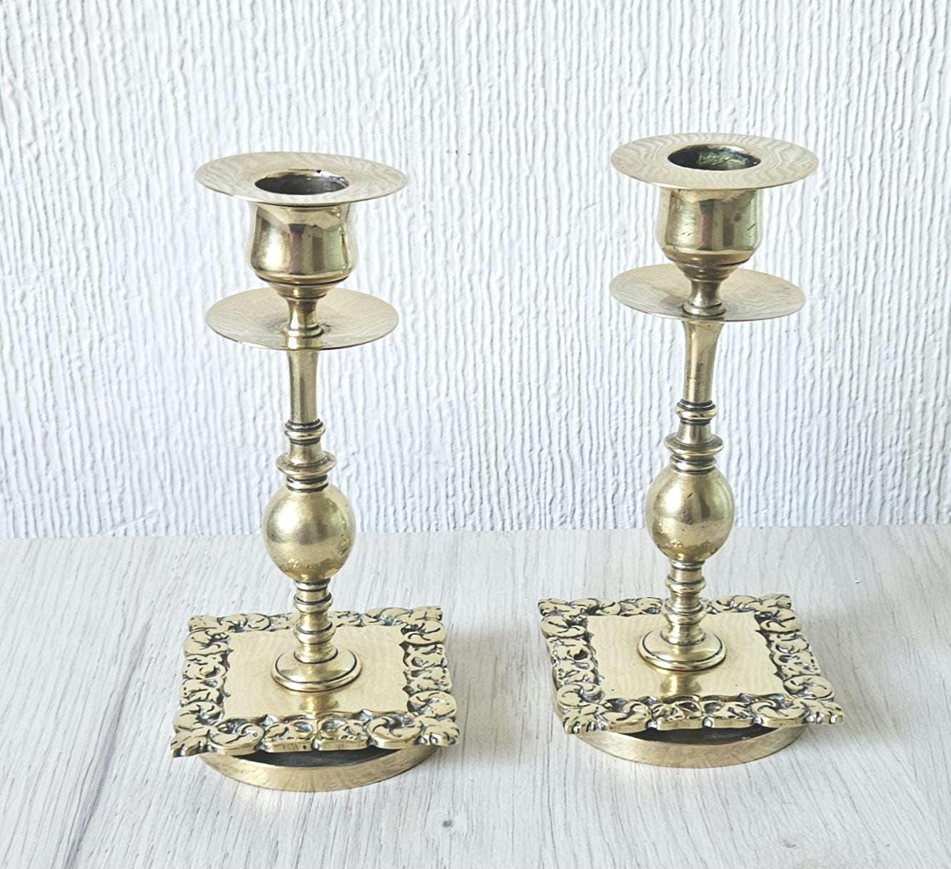 Vintage Small Ornate Brass Candlesticks Matching Pair of Gold Brass Heavy Quality 14cm Tall