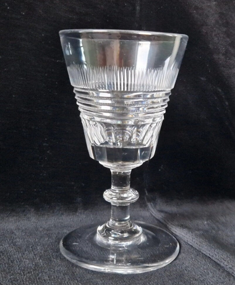 Early 19th C. Wine Glass Slice Blaze & Prism Cut Bowl Medial Blade Knop Stem