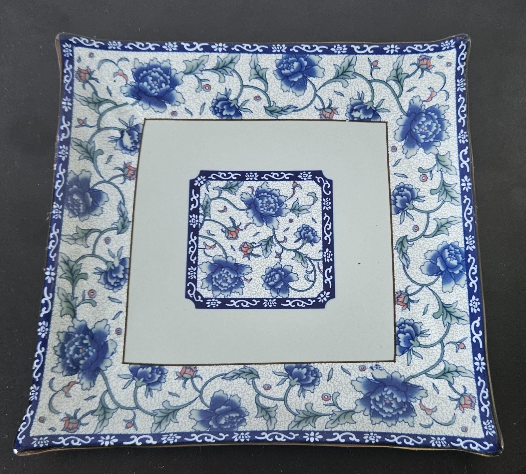 Vintage Oriental Porcelain Decorative Square Plate Blue and White Celadon Green Floral Pattern 20cm X 20cm