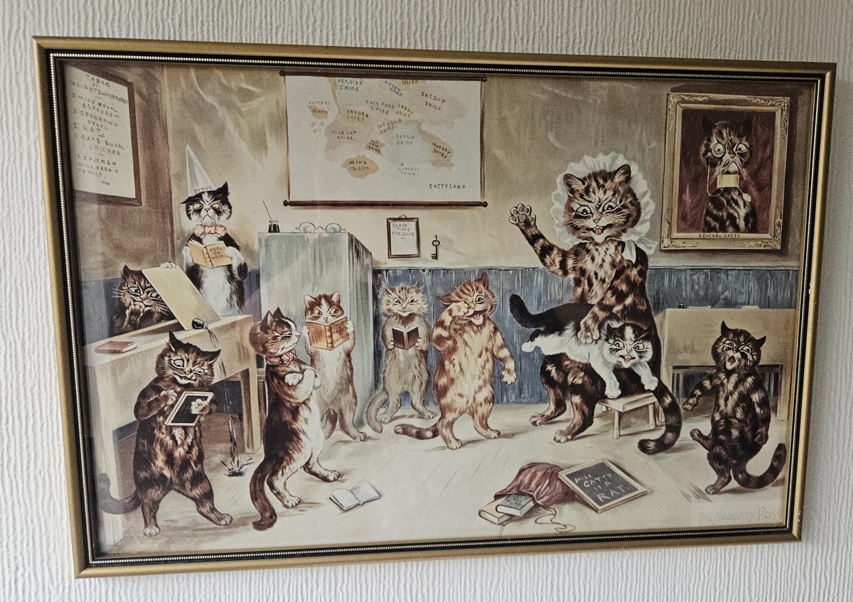 Original Vintage 1980s Lithograph Louis Wain "The Naughty Puss" Framed Picture 17" X 11.5"