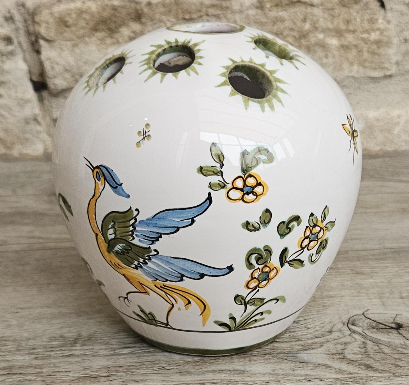 Vintage Faïence Small Flower Vase with Bird Detail Ceramic France Lallier Moustiers Vgc