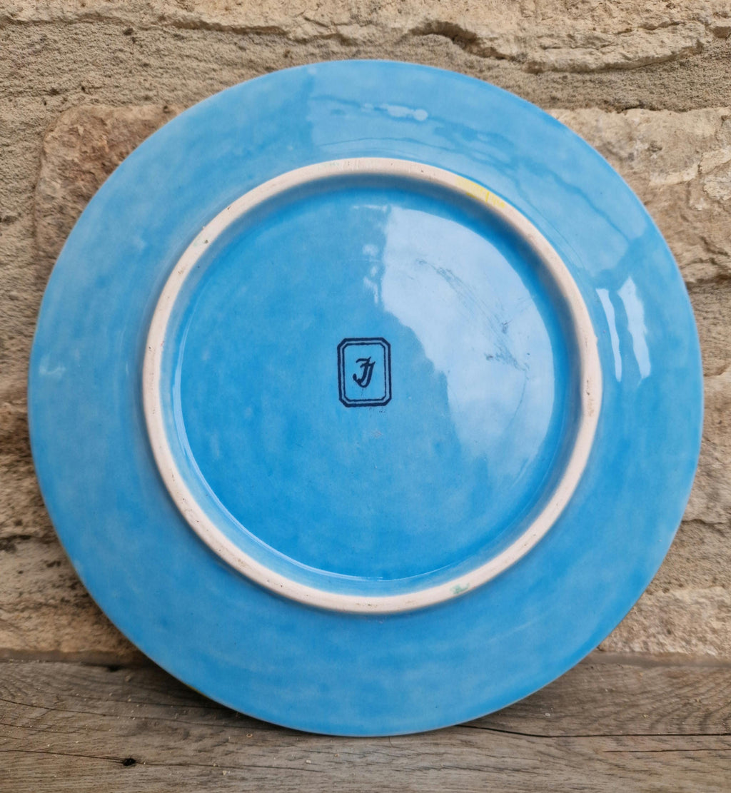 Art Nouveau Majolica Pottery Plate With Leaf & Fern Design Light Blue Ground Double "J" Mark 22cm