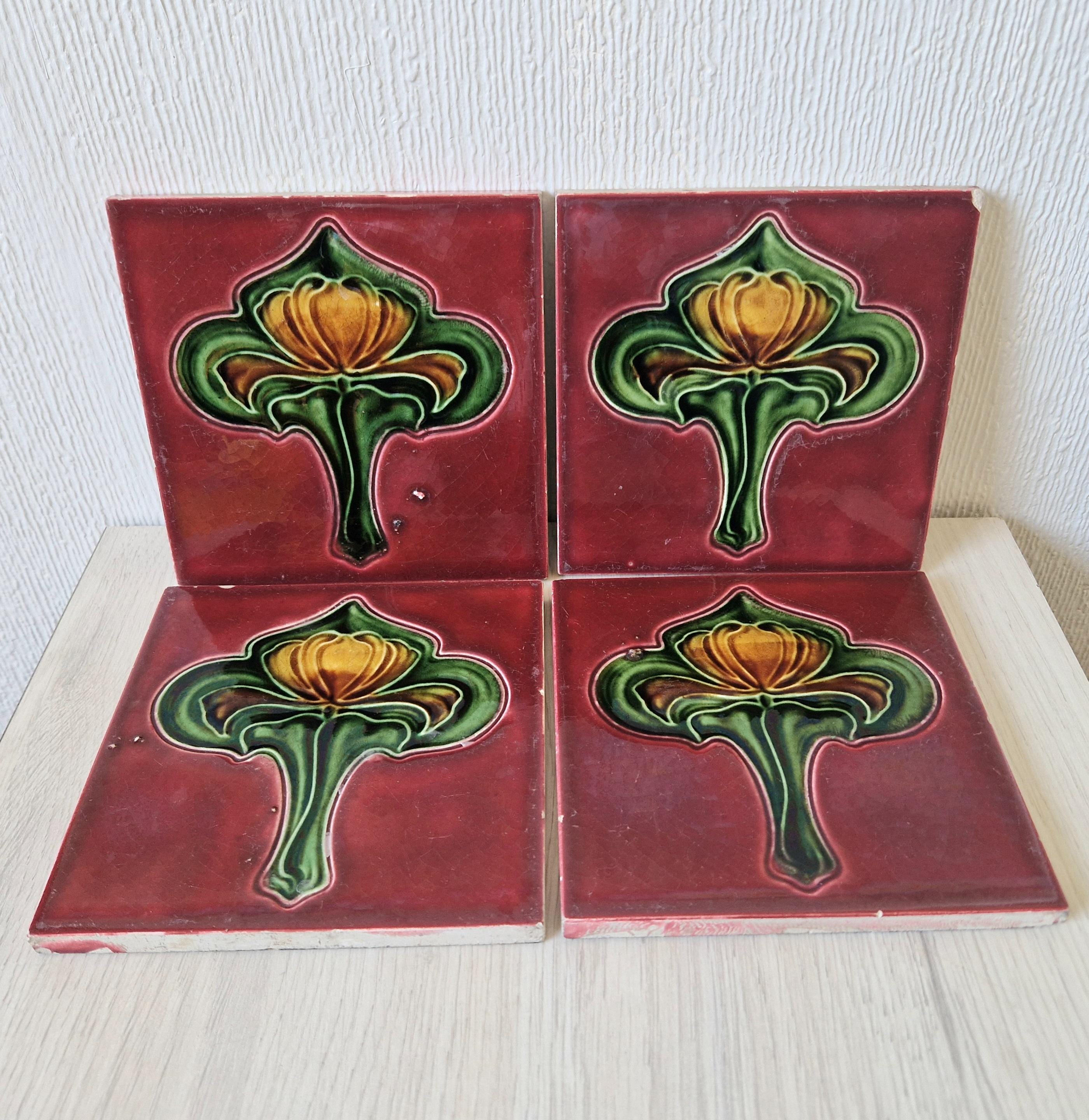 4 Art Nouveau Majolica Fireplace Tiles: Floral Antique T&R Boote, 1905