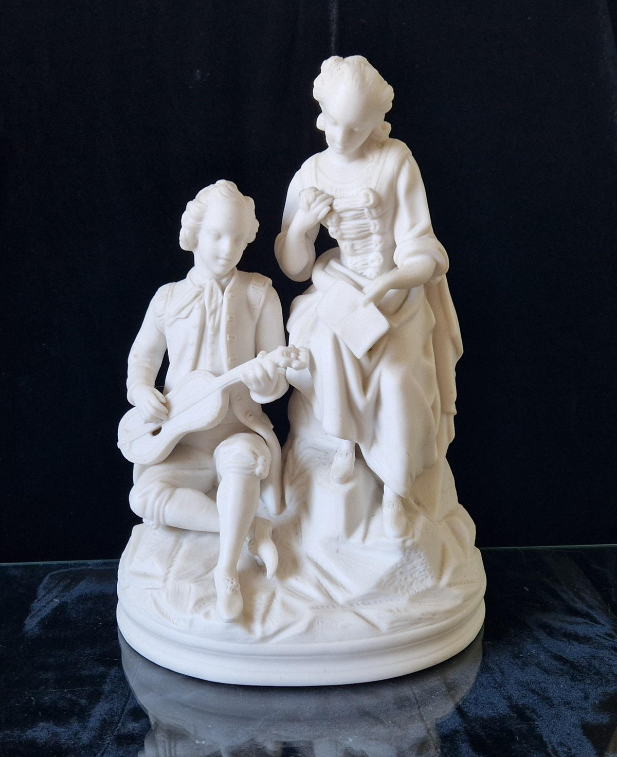 Antique Parian Ware Figural Group Young Lovers With Guitar & Music Book On Plinth