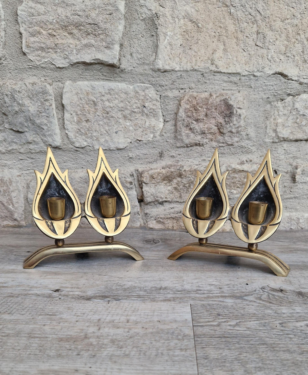 A Pair of Vintage Judaica Sabbath Double Flame Brass Candlestick Holders by Hen-Holon