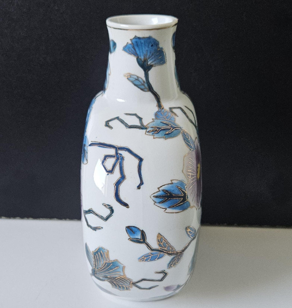 Vintage Asian Moon Flask Vase Blue lilac Blossom Gold Accents 20cm Tall