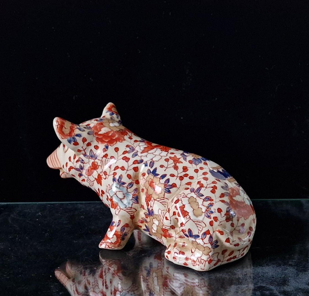 Imari Pattern Chinese Ceramic Floral Seated Pig Figure Ornament 18cm Antique
