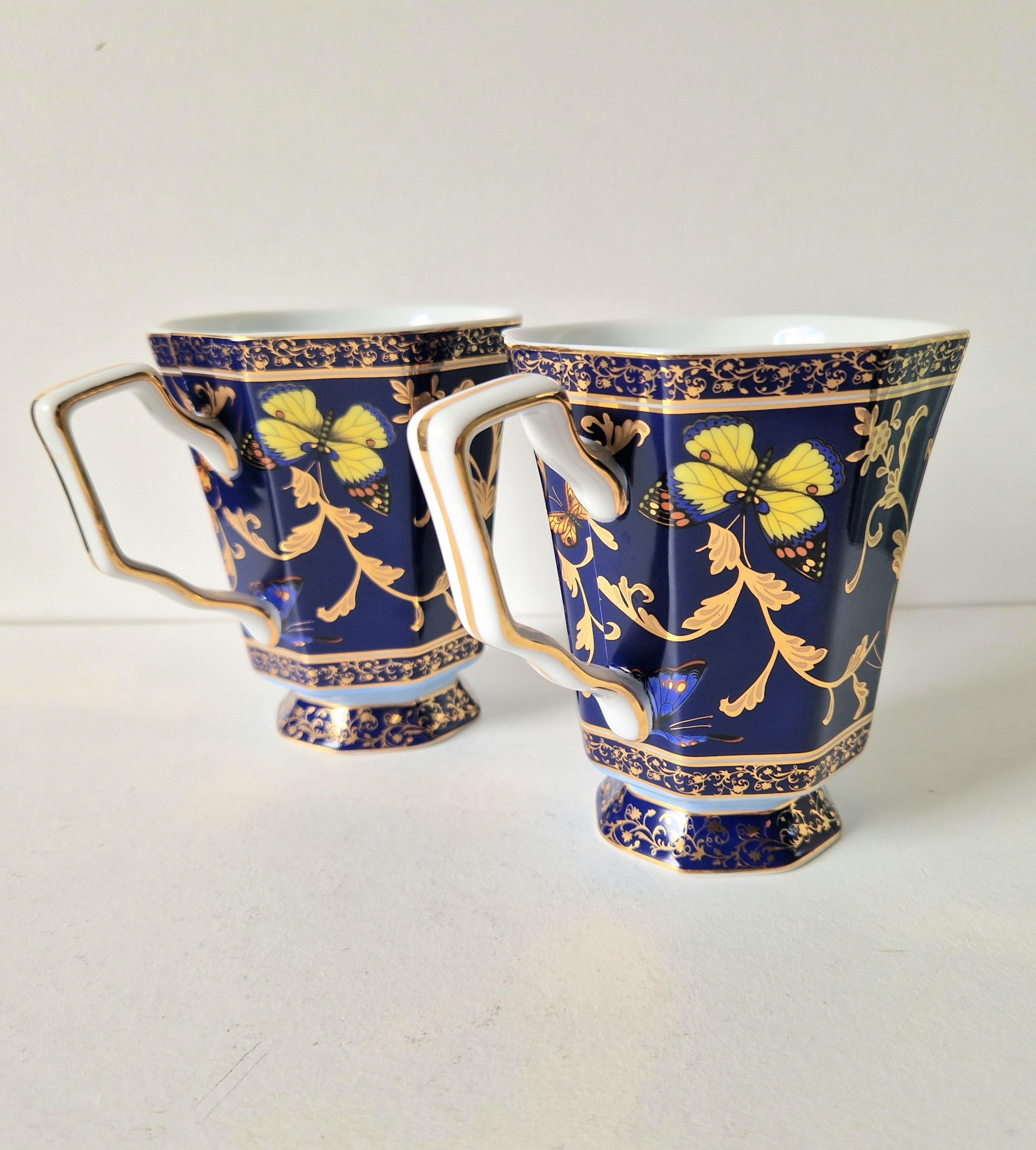 Vintage Butterfly Mugs Past Times Dark Blue & Gold, Set of 2