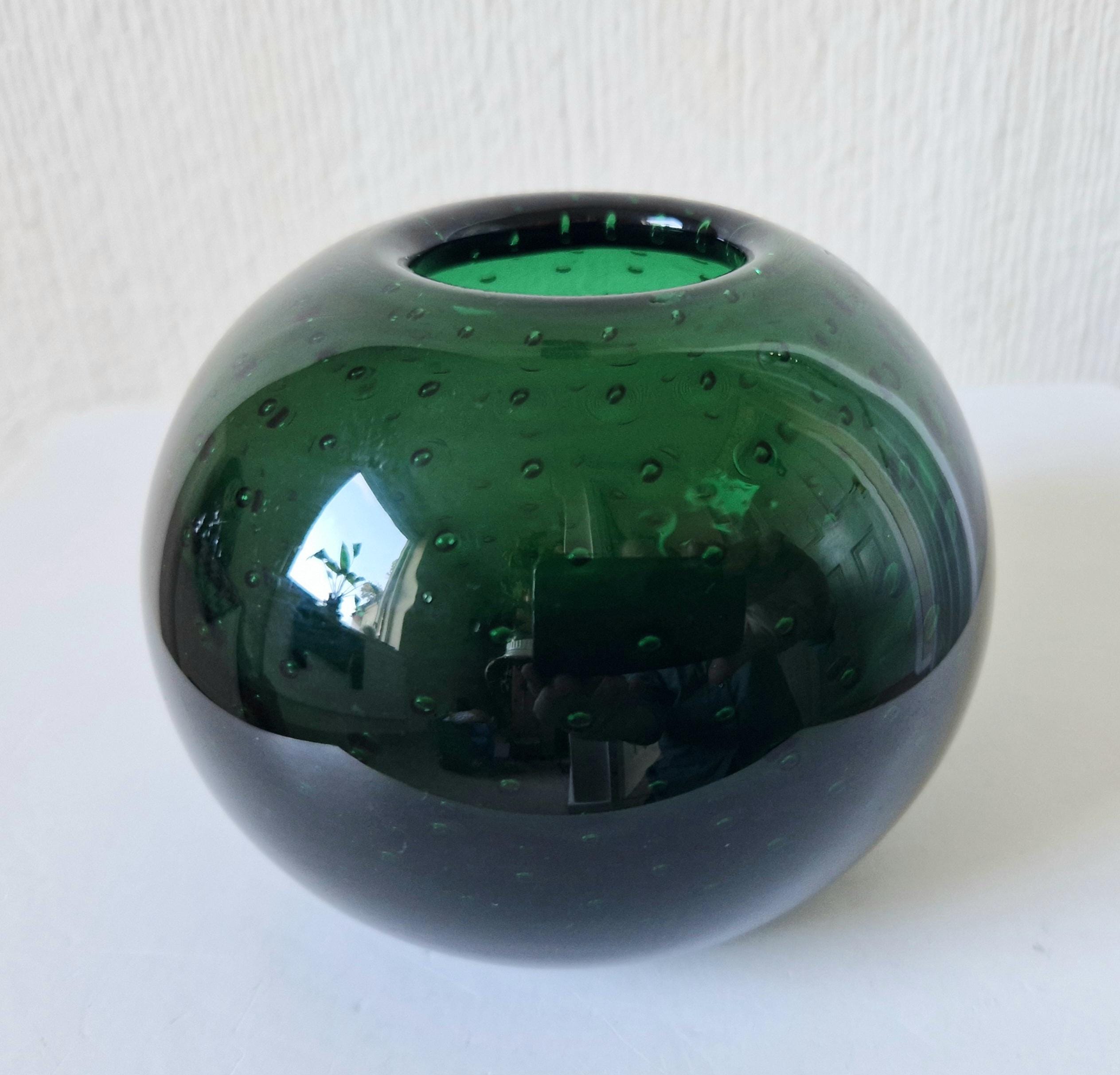 WMF Designed By Walter Drexel 'Perlora' Dark Green Orb Bubble Glass Vase 1960's
