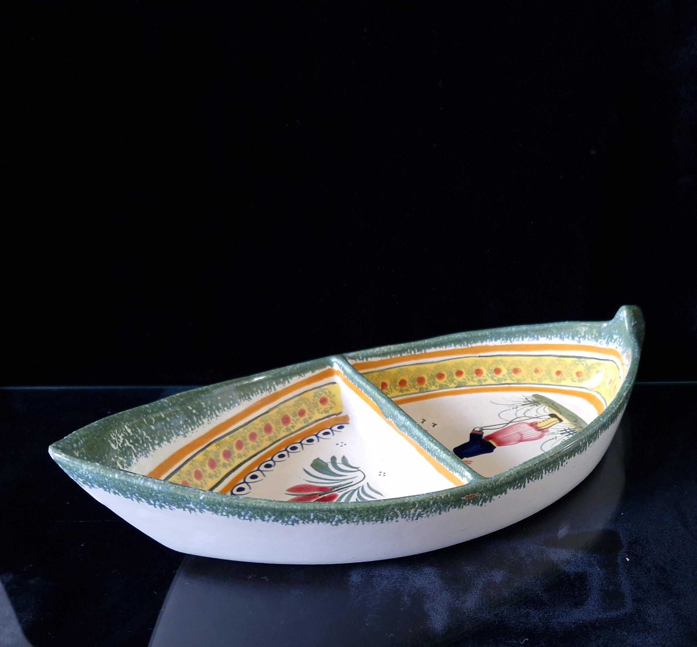 Vintage Henriot Quimper Faience Ceramic Boat Shape Divided Serving Dish