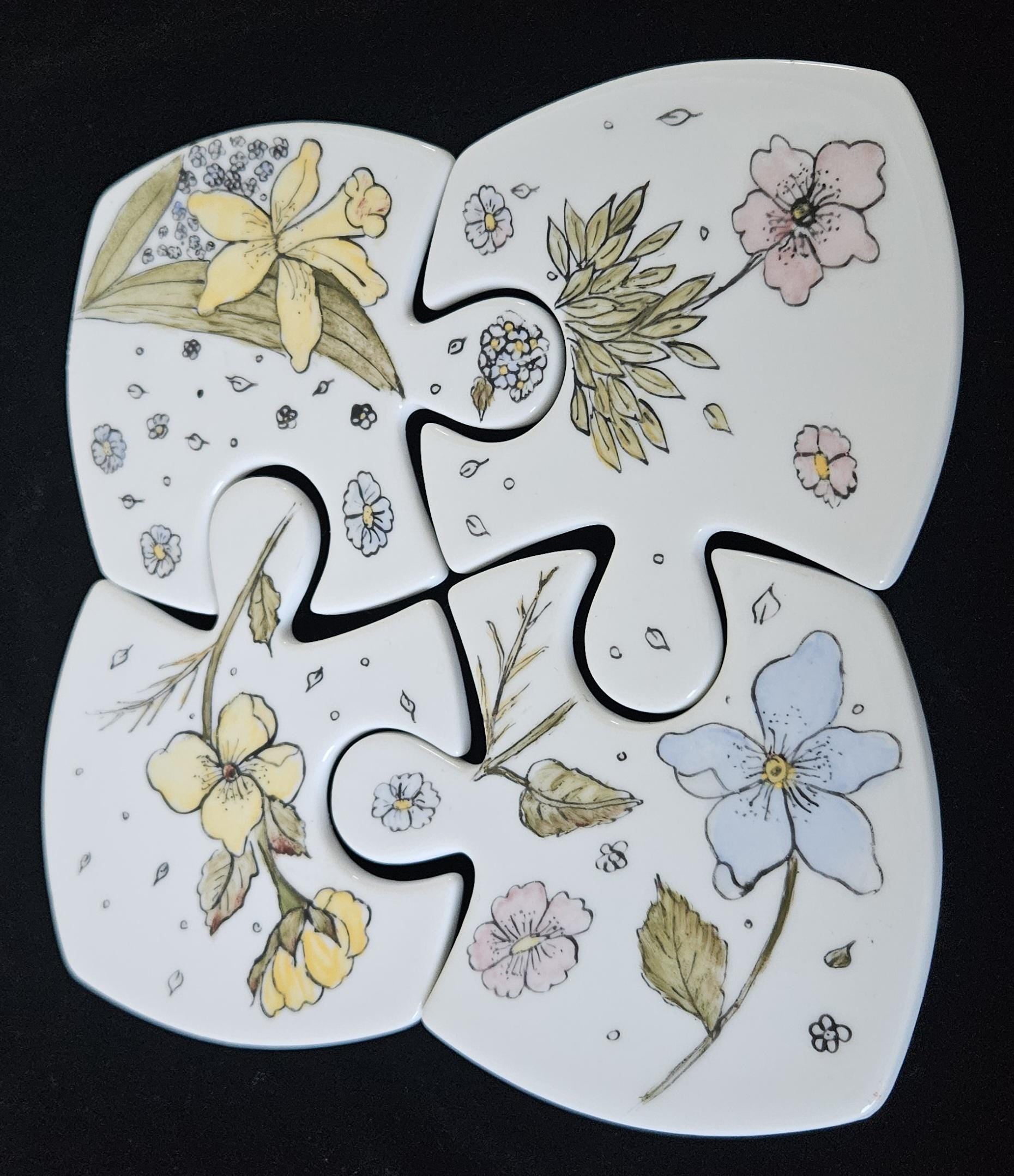 Vintage French Floral Ceramic Coasters: Jigsaw Puzzle Trivet