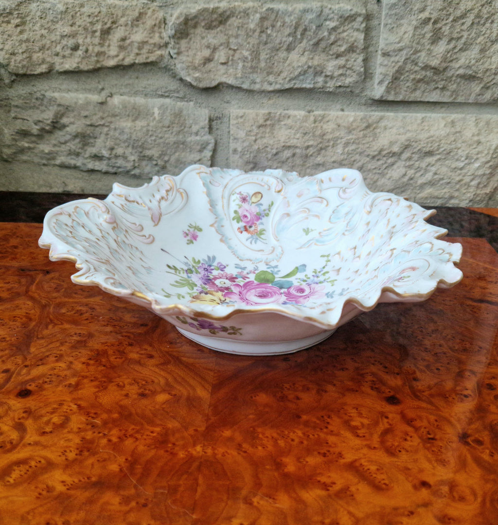 Antique Large 19th C. Dresden Ruffled Edge Rococo Style Floral Gilded Centrepiece Serving Bowl