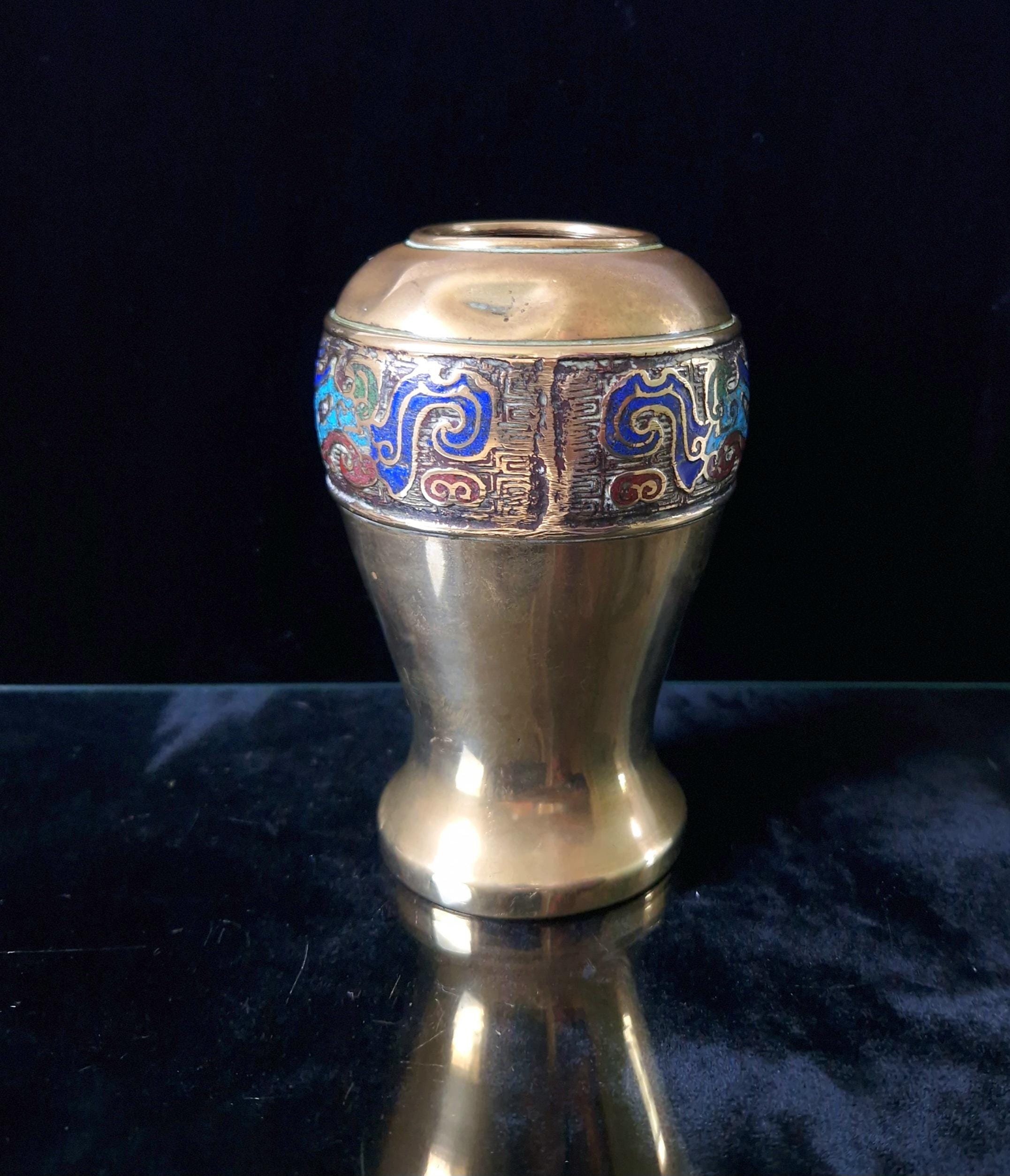 Antique Chinese Late Qing Champleve Enamelled Bronze Small Vase 19th Century