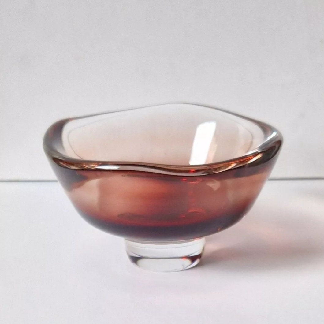 Sven Palmqvist for Orrefors Glass Bowl Red Fade Cased Glass 1950's Footed Dish Rare