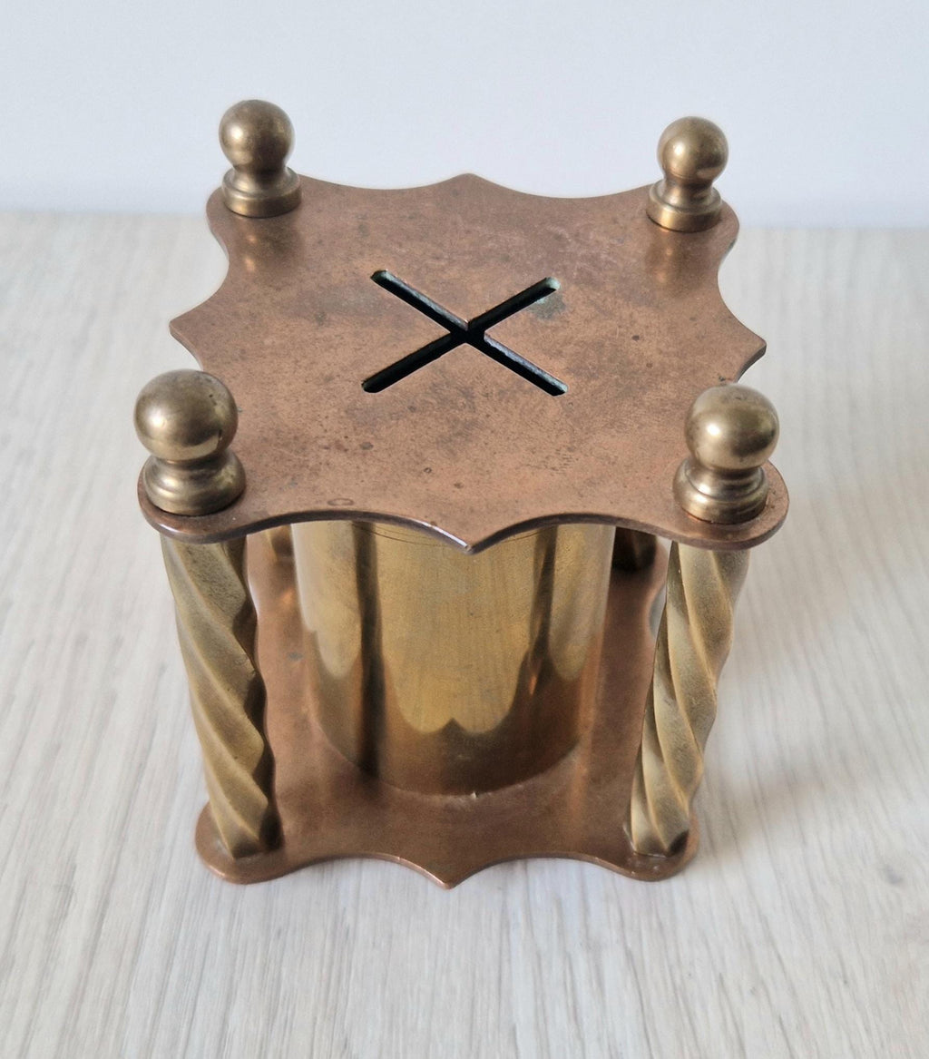 Rare Arts & Crafts Copper And Brass Folk Art Twisted Pillar Desk Money Box